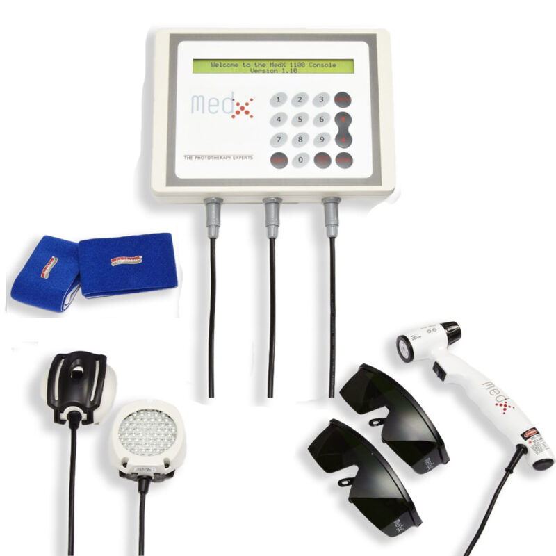 MedX Rehab Console System 3118 includes: MedX Laser Console (MBM1100N), Rehab Tethered Laser (450 mW LCT450) and two 1000 SLD Clusters MCT1001