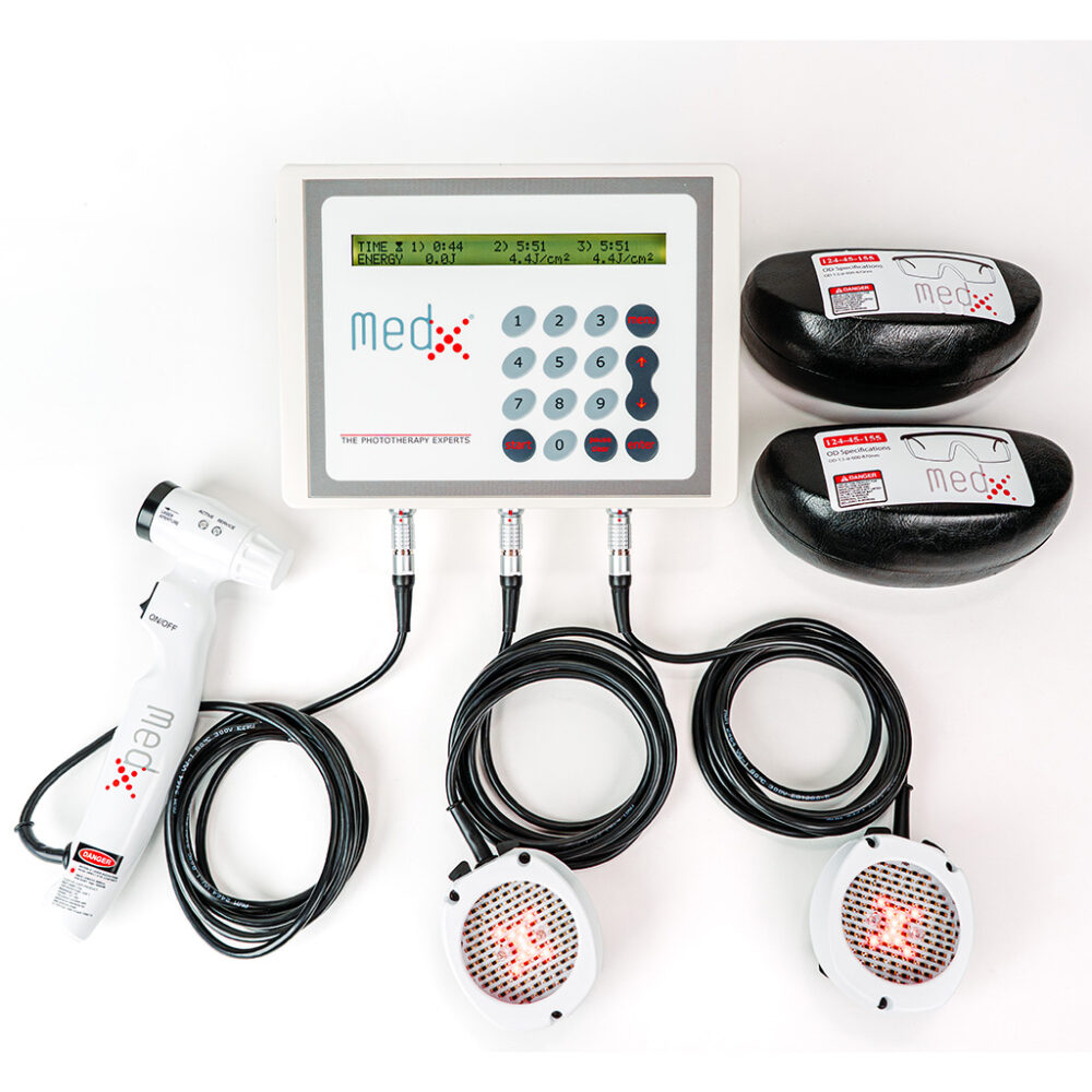 MedX Rehab Console System includes: MedX Laser Console (MBM1100N), Rehab Tethered Laser (450 mW LCT450) and two 1000 SLD Clusters (MCT1001) 3118